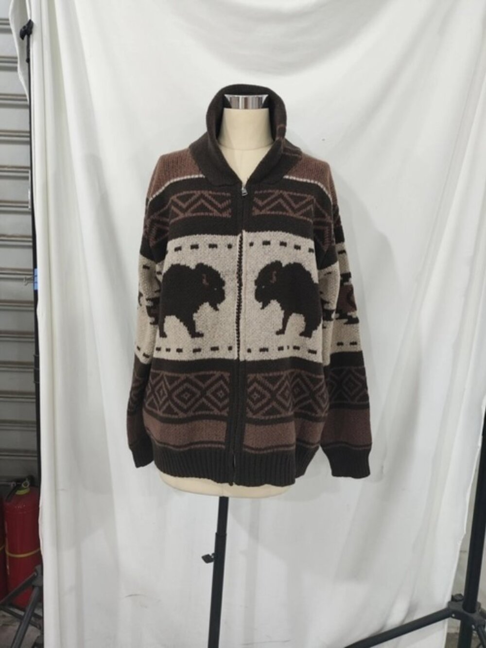 Southwestern Vintage Aztec Buffalo Zip-Up Knit Sweater - Picture 5 of 6